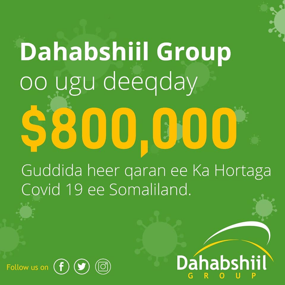 Shirkadda Dahabshiil Group ayaa ugu deeqday $800,000 Guddida Heer Qaran ee Ka Hortaga Covid19 ee Somaliland.